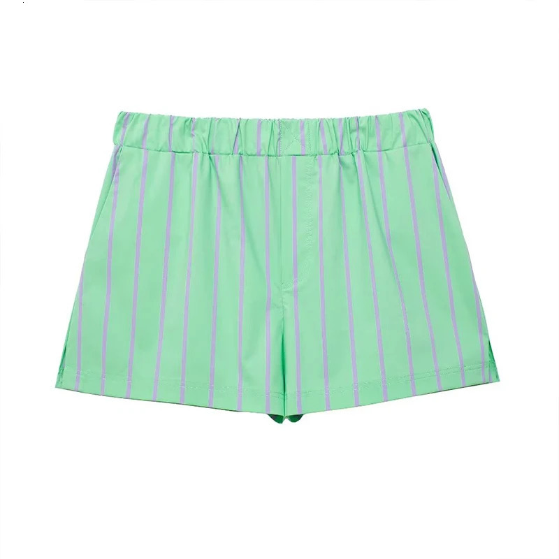 Willshela Women Fashion Two Piece Set Green Striped Single Breasted Shirt Elastic Waist Shorts Chic Lady Sets 250311