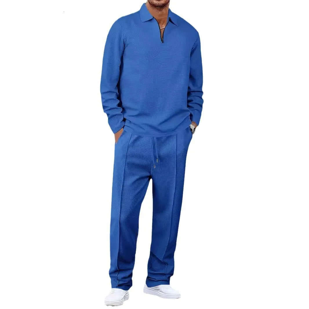 Mens Waffle Set Long Sleeve Striped Polo Shirt Set Fashion Casual Zipper Collar Set Mens Clothes 250320