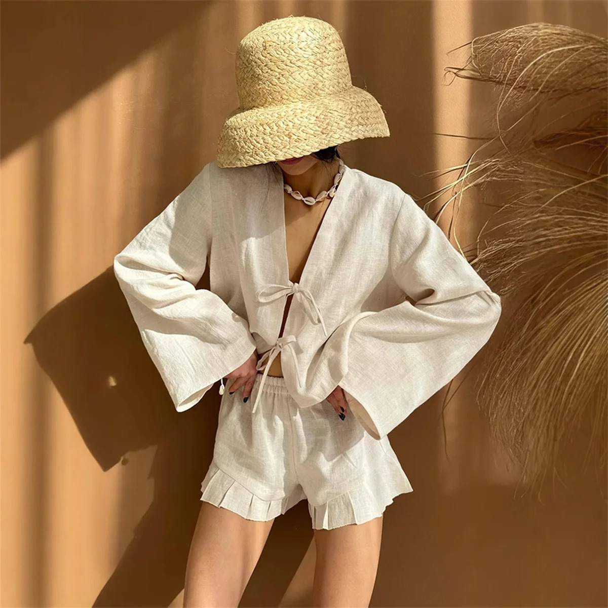 Fashion Lace Up Solid Color V-neck Women 2 Piece Set Long Sleeve Pleated Loose Short Suit Spring Female Street Outfits 250318
