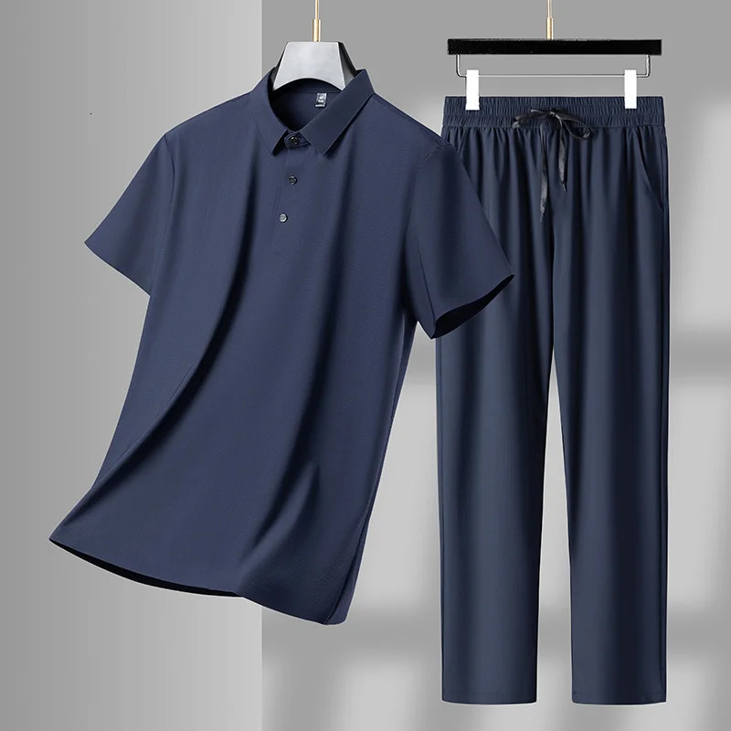 Summer Mens Mens Casual Sports Set Fashion Thin Ice Strapless Polo T-shirt Mens Two Piece Set High Quality 250320