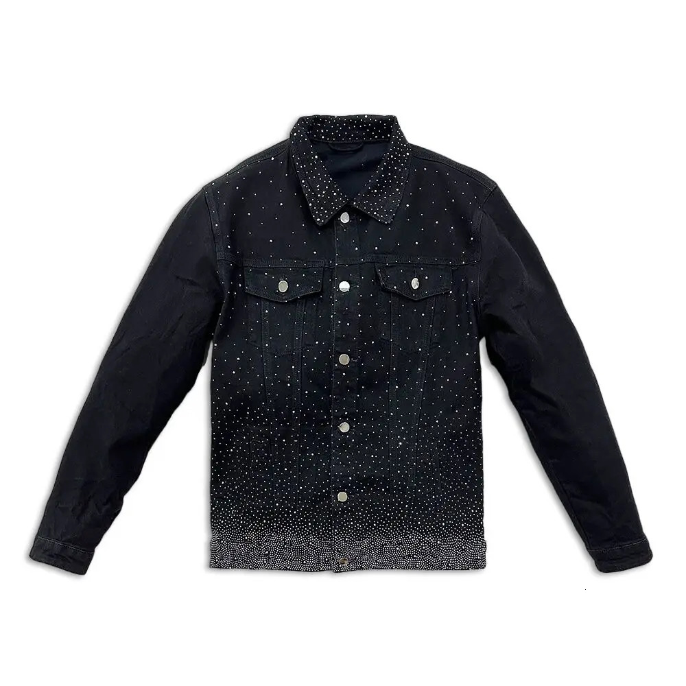 Original Black Denim Jackets For Men Slim Fit Stretchy Street Clothes Heat Press Rhinestone Males Jean Coat 250313