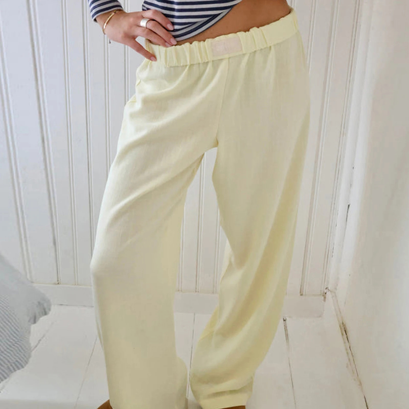 Combhasaki Womens Y2K Vintage Retro Casual Long Pants Elastic Wide Band Waist Solid Loose Trousers Loungewear Pants Streetwear 250320