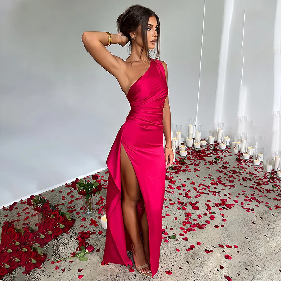 Summer One Shoulder Maxi Dresses Sexy Women Backless High Split Evening Party Club Bodycon Casual Satin Sleeveless Vestidos 250320