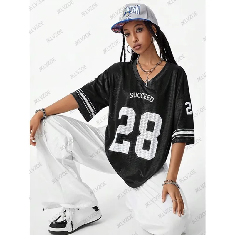 2025 Black 28 Size Printed Tshirt Womens Vneck Short Sleeve Sports Football Suit Y2K Loose Large Comfortable Top 250311