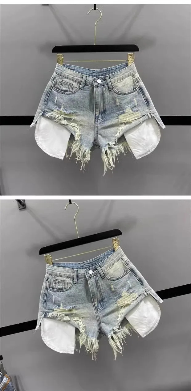 Korean Vintage Blue Sexy Ripped Jeans for Women Patchwork A-line High-waisted Denim Ultra Shorts 250320