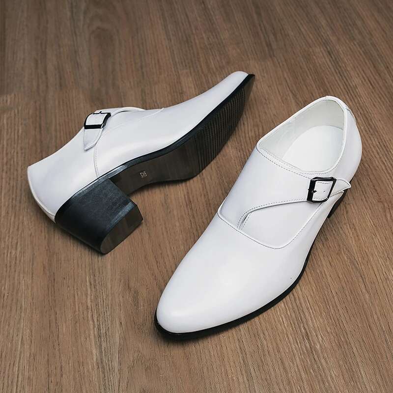 Dress Man Thick Heel Brogue Leather Wedding Party Social Shoe Male Business Casual White Platform Formal Shoes For Men