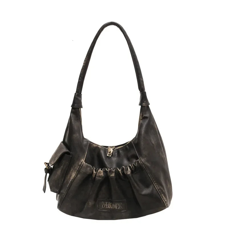 Retro chic spicy girl lingerie bag womens shoulder pleated garbage zipper closure artificial leather L 250320