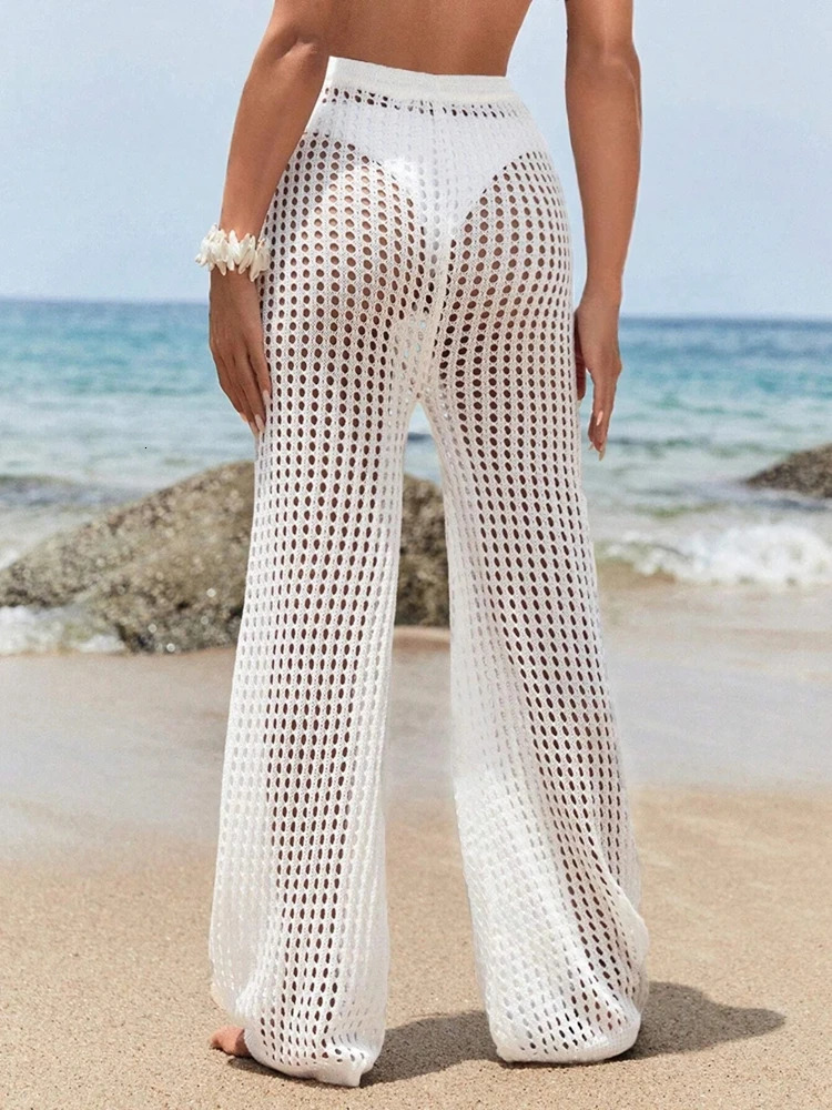 Fashionable and elegant knitted wide pants comfortable drawstring womens casual solid color hollow out pants womens clothin 250314