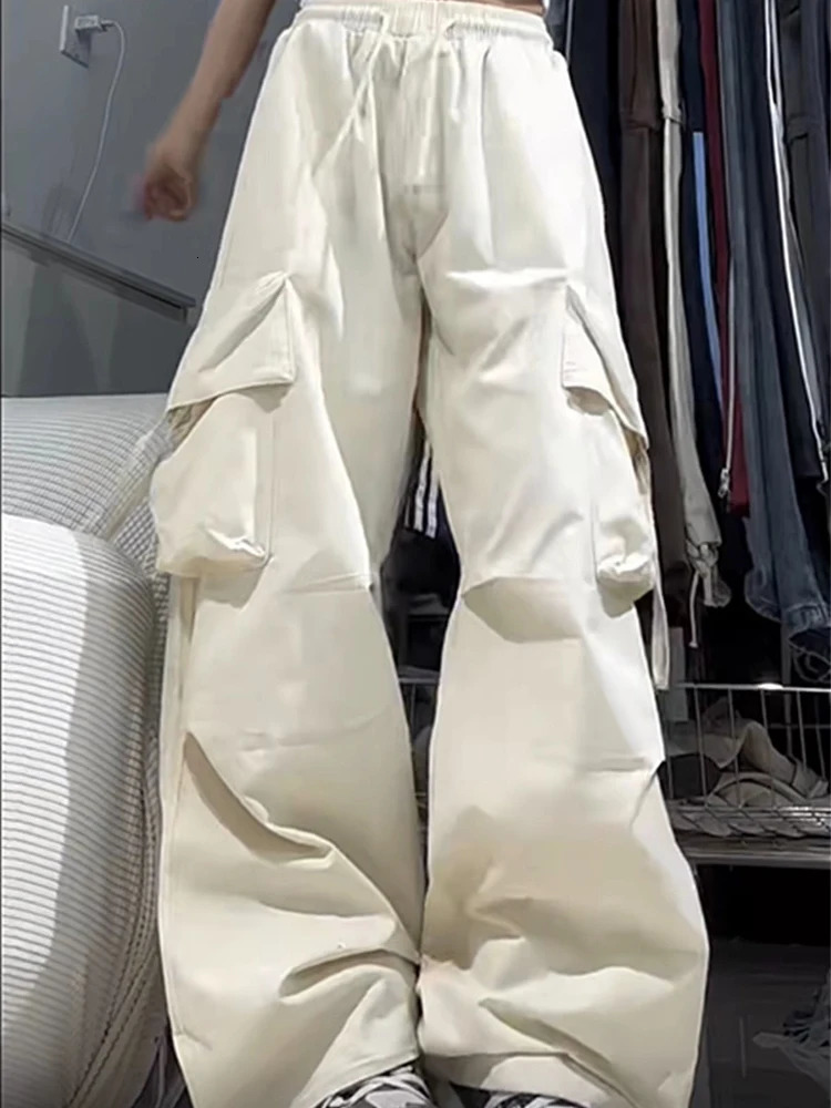 Womens Y2K Cargo Pants High Waist Streetwear Hip Hop Trousers Female Big Pockets Casual Low Drawstring Baggy Sweatpants 250320