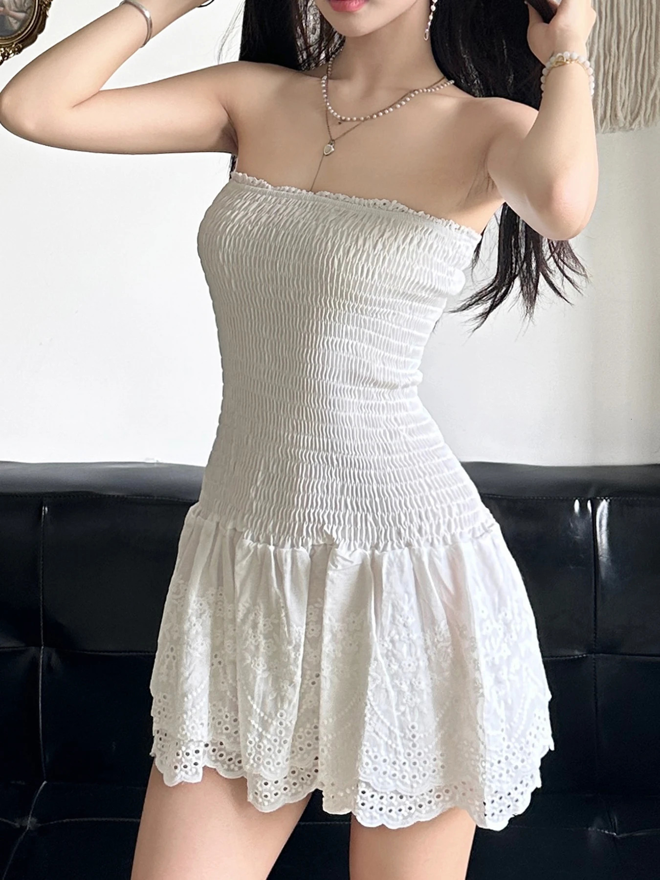 IAMSURE French Style Lace Trim A-Line Dress Sweet Slim Slash Neck Sleeveless Mini Dresses For Women 2025 Summer Tube Dress Lady 250320