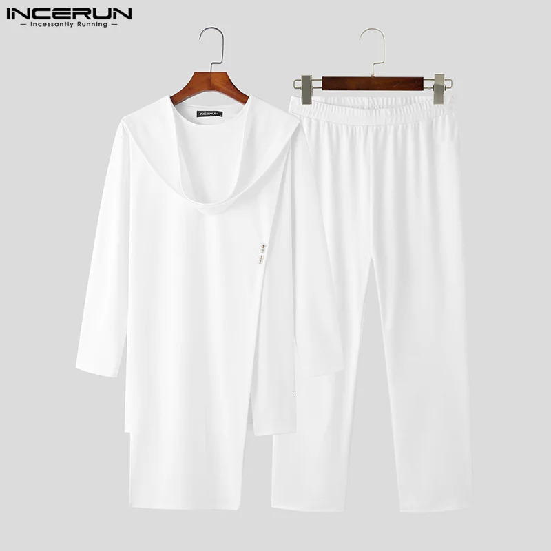 INCERUN Muslim Style Mens Long-sleeved T-shirts Trousers Suit Stylish Streetwear Male Knitted Suit 2 Pieces S-5XL 250320