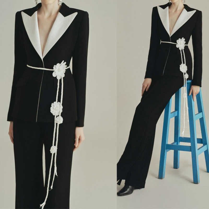 Customized Elegant Women Pants Suits With Flowers Belt Prom Birthday Party Formal Wear Outfit Flared Trousers 2 Pieces