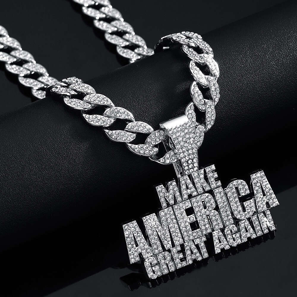 Men's Hip Hop Jewelry Full Dia Letter Splicing Pendant Necklace Cool Punk Cuban Chain Accessories