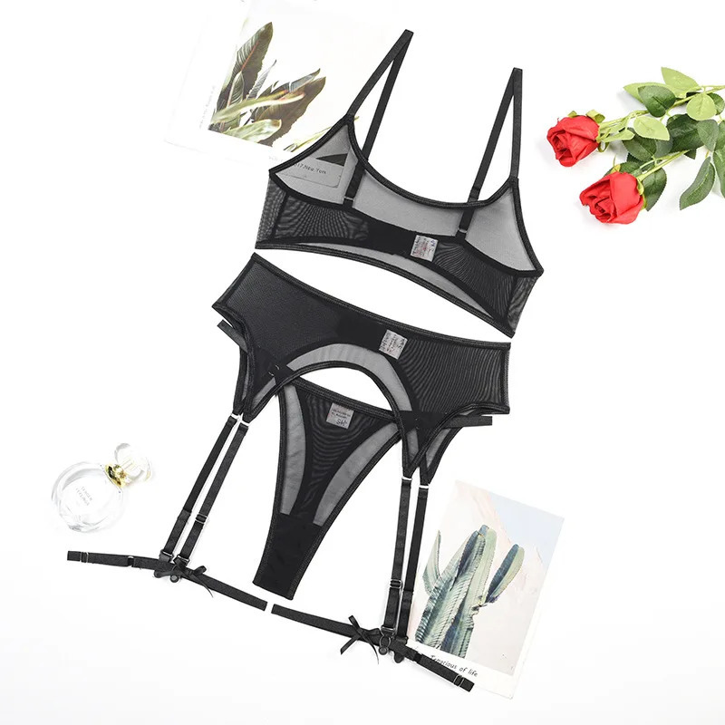 Women Transparent Bra Set Erotic Sexy Costumes Solid Color Underwear Seamless Bra Thong Garters Sexy Lingerie Sets 250320