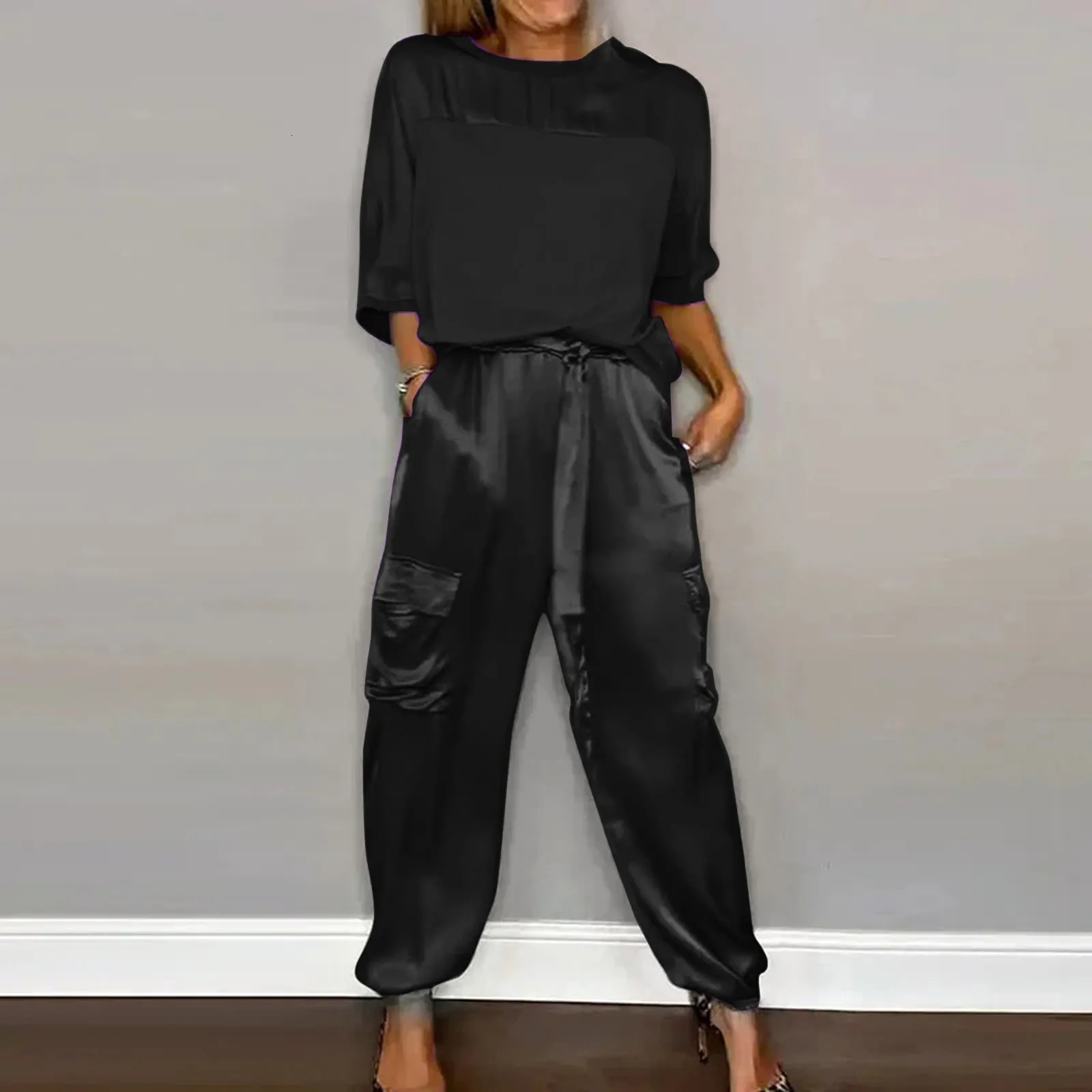 Summer Fashion Solid Satin Two Piece Set Women Round Neck Long Sleeved Top Long Pants Casual Loose Soft Female Top Trousers 250320