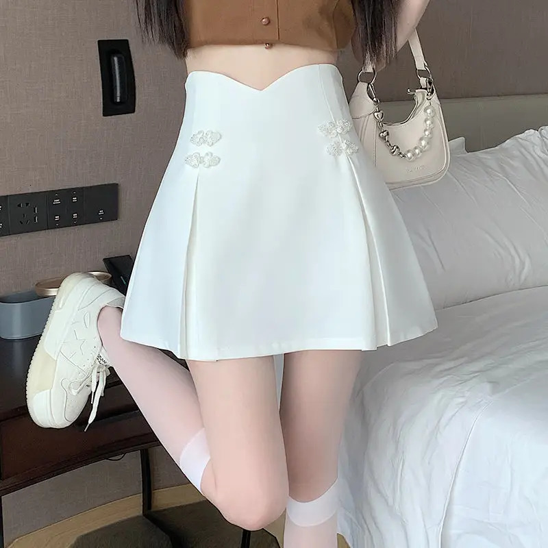 Women Summer Chinese Style Buttons Solid Color High Waist Appear Thin Skirt Ladies Simplicity Office Lady All-match Short Skirt 250320