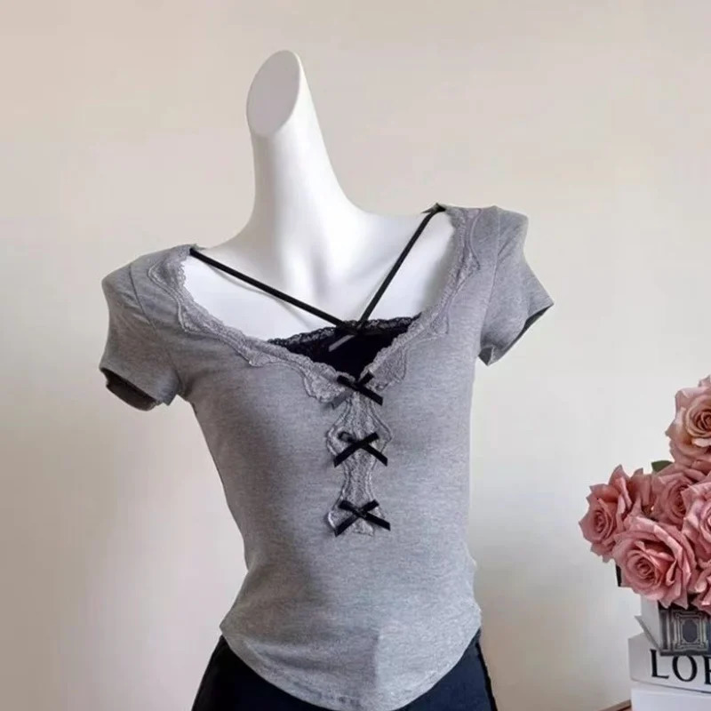 Korean Chic Slim sweet Womens Top Y2k Girls 2 Pieces Lace Up Short Sleeve TShirts Sweet Ladys Blouses 250311