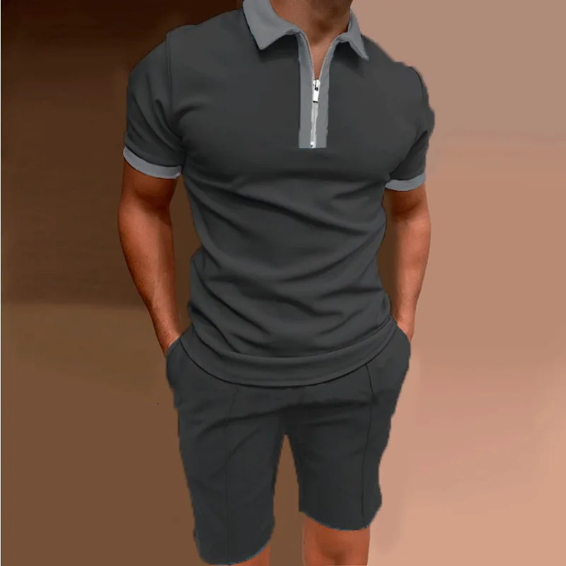 European and American short sleeved printed slim fit zipper lapel mens polo shirt set 250318