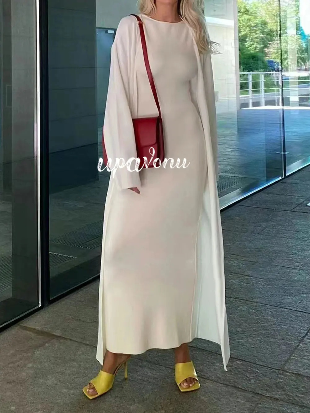 Womens Knitted Long Dress Sets with Polo Collar Long Sleeves Waistband Tie up Cardigan Long CoatSleeveless Dress Two Piece Set 250318