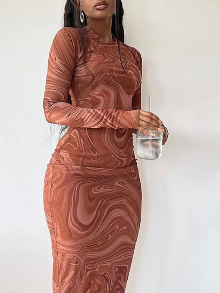 Long sleeved womens evening gown Oneck mid calf sexy vest De Mujer onepiece streetwear 250320