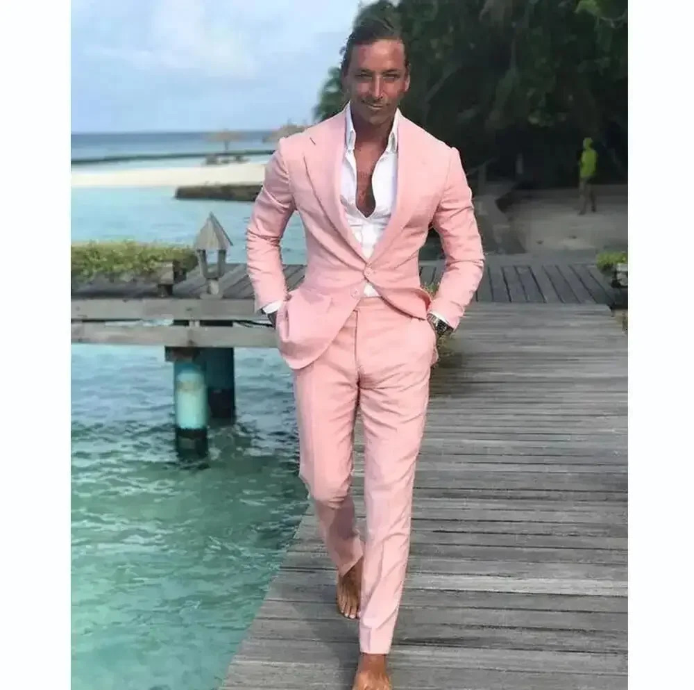 Pink Men Suit TwopiecesJacketPants Single Breasted Fitting Elegant Fashion Highquality Male Formal Clothing 250311