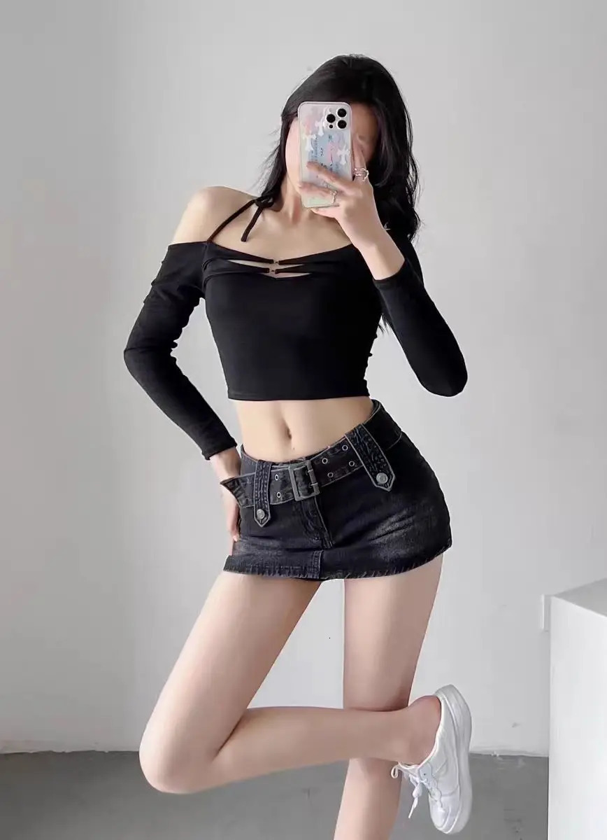 Womens Sexy Very Short Denim Skirt Mini Jeans Skirt With Safety ShortsDenim SkortJeans SkortY2K/2000s Blue/Black Skirt 2025 250320