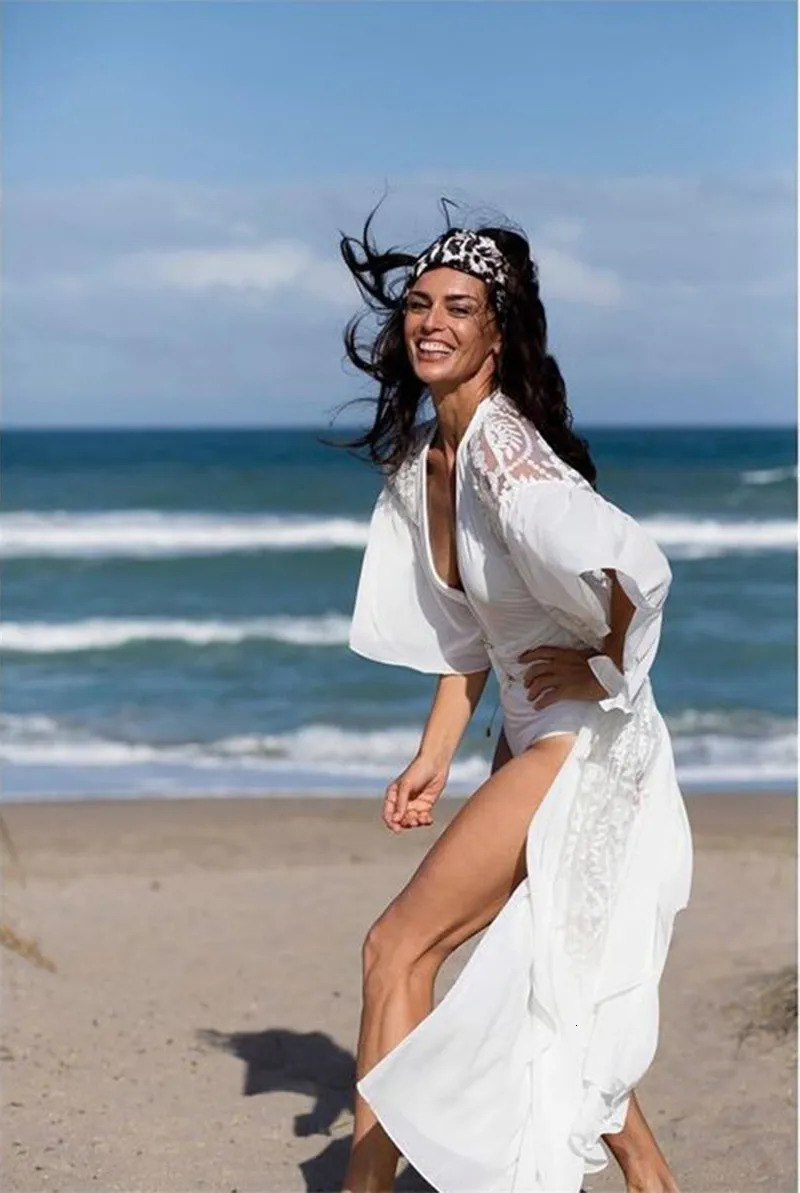 Fashion Patchwork Lace Bikini Cover Up See Through Swim Cardigan Over Size Holiday Wear Swim Ruffle Kaftan Beach Dresses 250320