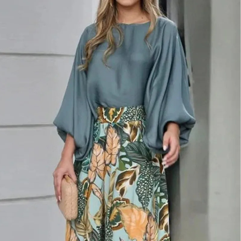 Summer Womens Clothing Set Lantern Sleeves Loose Top Printed Wide Leg Pants Two Piece Set Casual Ladies Trouser Outfit 250320