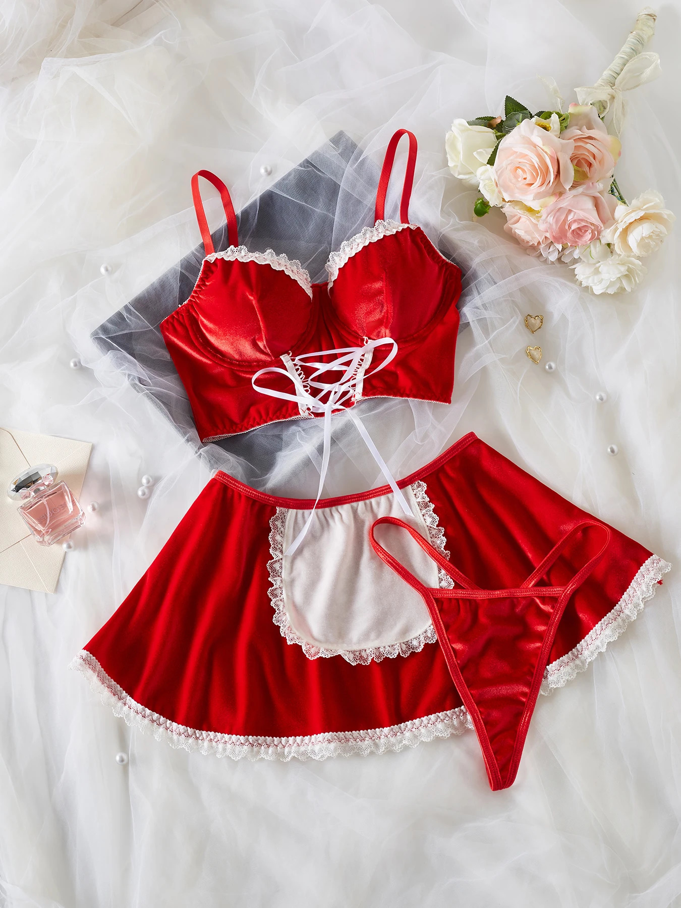 WomenS Solid Underwear French Apron Maid Dress Bow Thigh Ring Maid Lace Patchwork Lingerie Set Cosplay Lolita Sexy Lingerie 250320