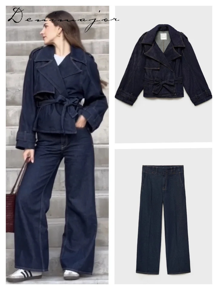 Retro denim jacket denim suit womens notch with long sleeved jacket straight leg mens spring streetwear 250320