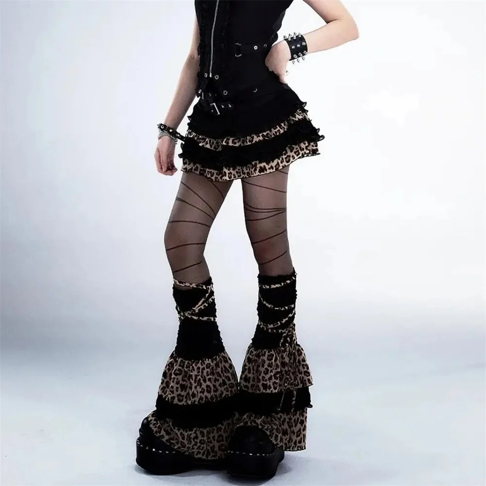Y2K Leopard Print Ruffle Kawaii Vintage Skirts Goth Black Aesthetic Subculture Short High Waist Punk Cake Fluffy Cute Slim Skirt 250320
