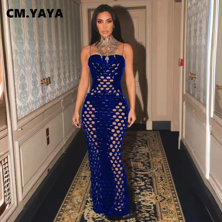 CMYAYA Women Sleeveless Strap Velvet hollow out Long Maxi Dress Summer Evening Sexy Night Club Birthday Party Dresses 250320