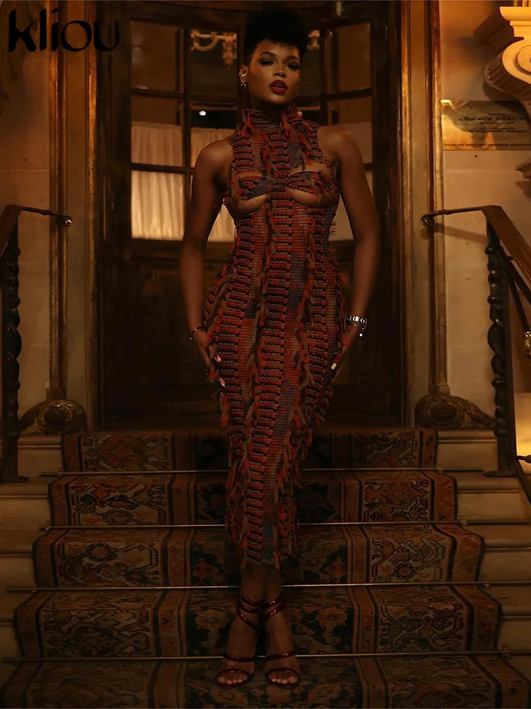 Kliou Panelled Tassel Midi Dress Womens Unique Backless Sleeveless Sexy Cleavage Skinny Vestitos Amazing Street Party 250320