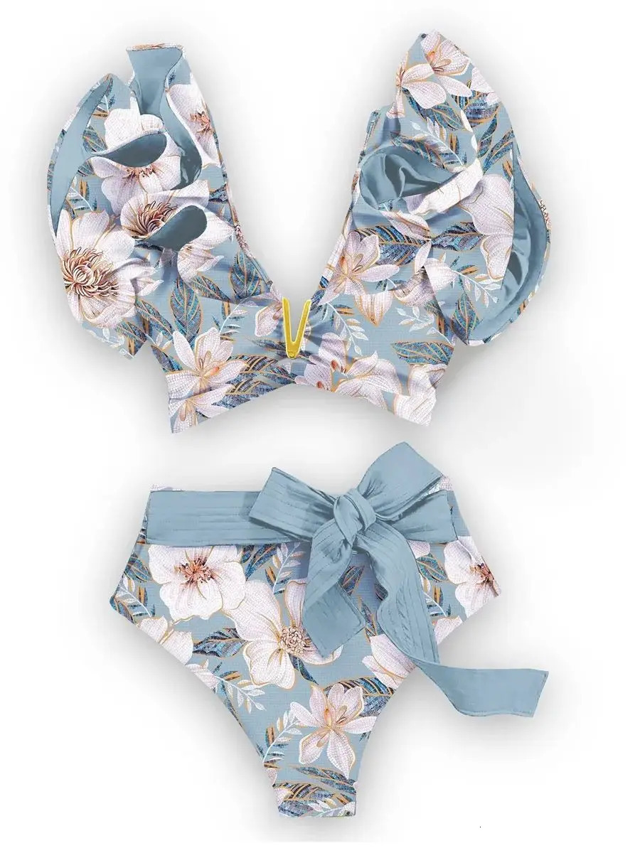 Floral Ruffled Hem Bikini Set Women Flora V-Neck High-Waisted Two Piece Swimsuit Girl Beach Bathing Suit Swimwear Biquinis 250314