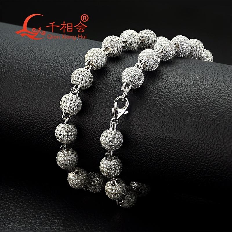 Necklace 10mm buddha beads Silver 925 Cuban Link Hip Hop D VVS ball Moissanite Link Chain Jewelry Women Men Gifts