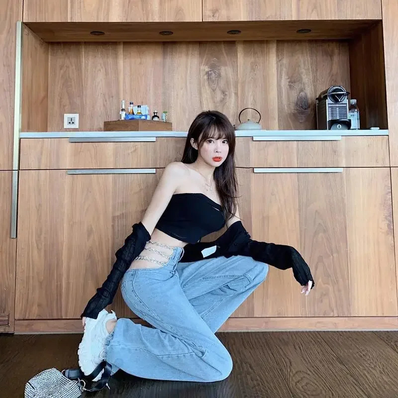 Straight jeans womens high waisted metal decorative chain hollow sexy streetwear fully matched Korean Y2K Ulzzang BF 250320