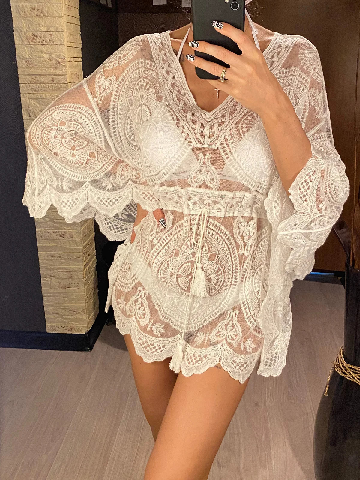 Sexy Lace See Through Long Sleeve Tunic Beach Cover ups Dress Wear Beachwear Womens V4528 250320