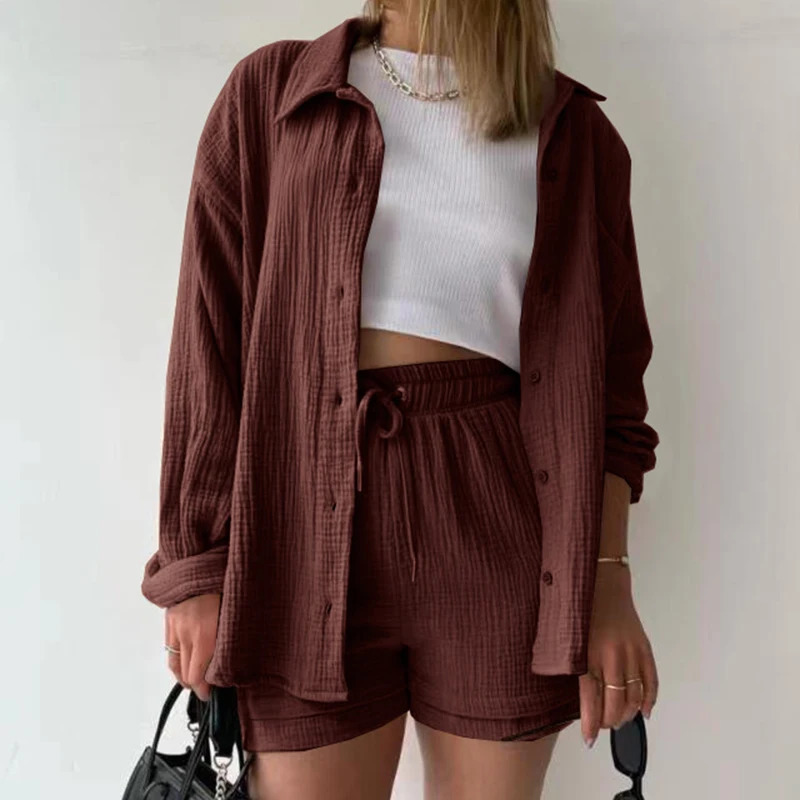 Lace loose long sleeved pocket shirt and 2-piece solid casual suit thin womens clothing 250318