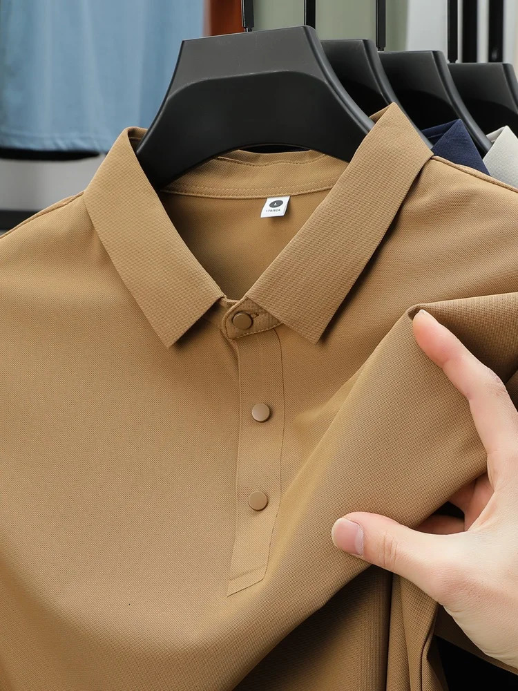 Summer Mesh Ice Silk Short-Sleeved T-Shirt Mens Shirt Collar Red Green Khaki Solid Color Slip High-End Polo 250320