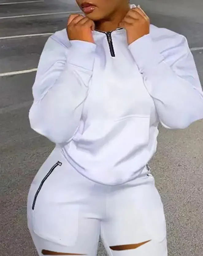 Two Piece Set Women Outfit Zip Detail Turn-Down Collar Long Sleeve Top Ladder Cutout Pocket Pants Set Spring Fashion 250320