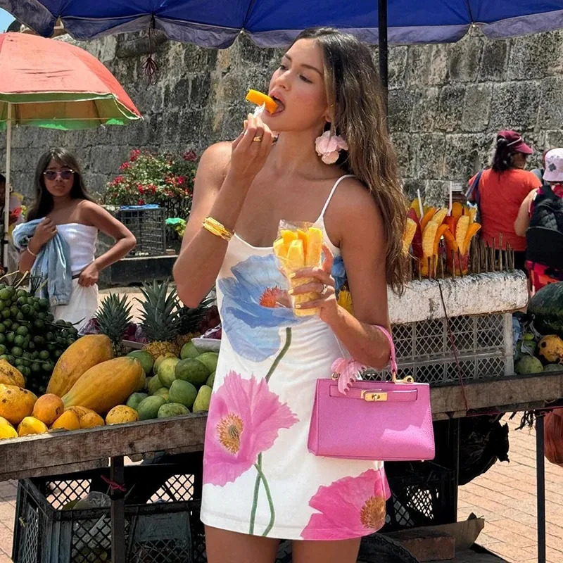 Sexy mini dress womens summer white fashionable Oneck printed sleeveless strapless casual ultrathin elegant 250320