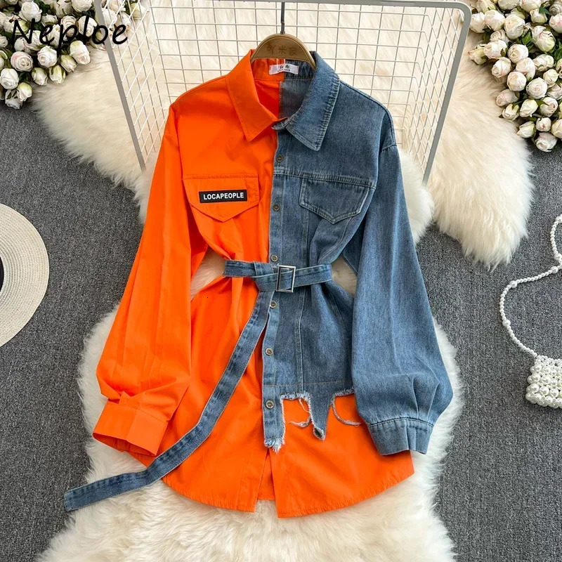 Neploe Retro Hong Kong style denim shirt with collar long sleeves slim fit waist contrasting color shirt casual mid length blue with belt 250317