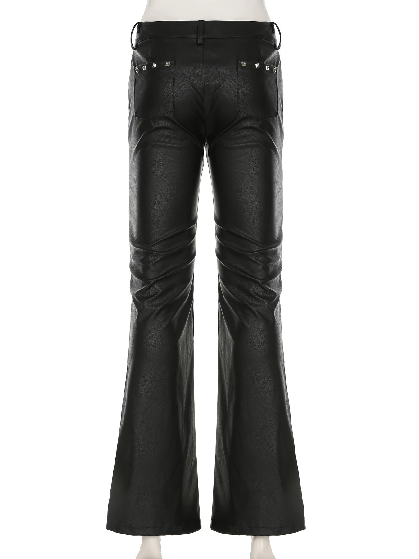 IAMSURE Punk Style Rivet Pu Leather Flare Pants Gothic Ultra Thin Solid Low Waist SpringSummer 2025 Womens Wear 250320