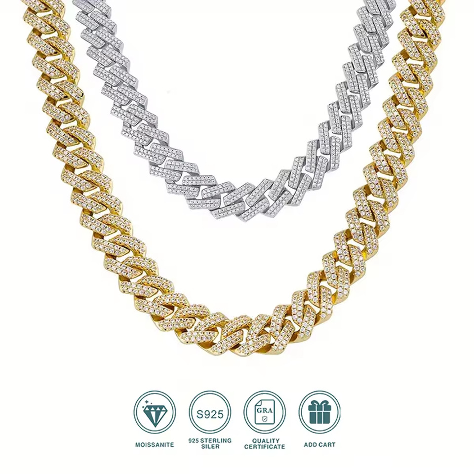 1pc Moissanite Necklace 925 Sterling Silver 18K Golden Plated Cuban Chain Hip Hop Cuban Necklace Cuban Clavicle Chain For Men