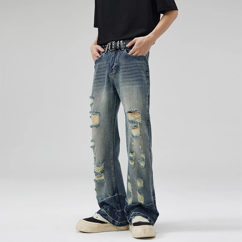 SpringSummer American Ripple Tear Hip Hop Jeans Mens Straight Micro Shining Street Trend Trouser 250317