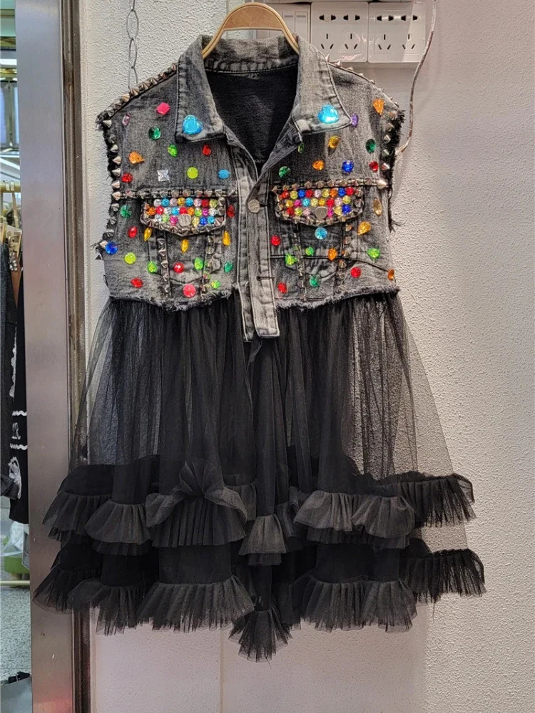 Women Rainbow Color Diamonds Beaded Mesh Ruffles Splice Jeans Jacket Multi-layers Mesh Rhinestone Denim Vests Cardigan Tank Tops 250320