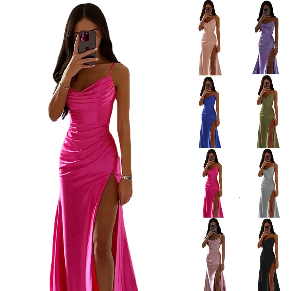 Womens Spring Bra Shrink Fold Split Satin Dress Sexy Slimming Wrap Hip 250320