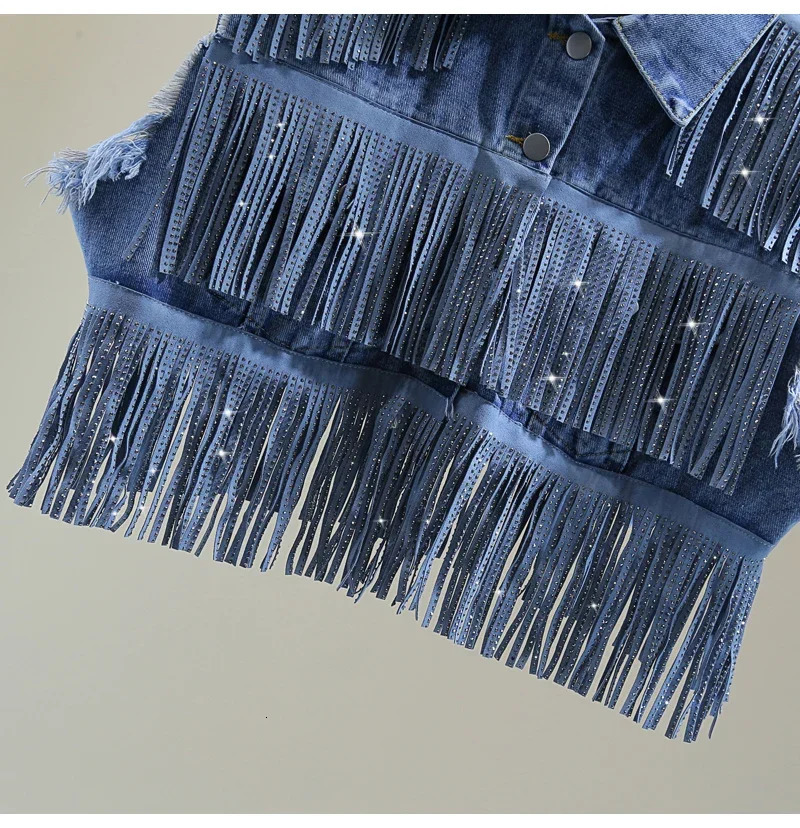 Chic Diamonds Tassels Sleeveless Denim Coat Summer Slim High Waisted Fringed Jeans Jacket Solid Color Casual Vest Crop Tops 250320