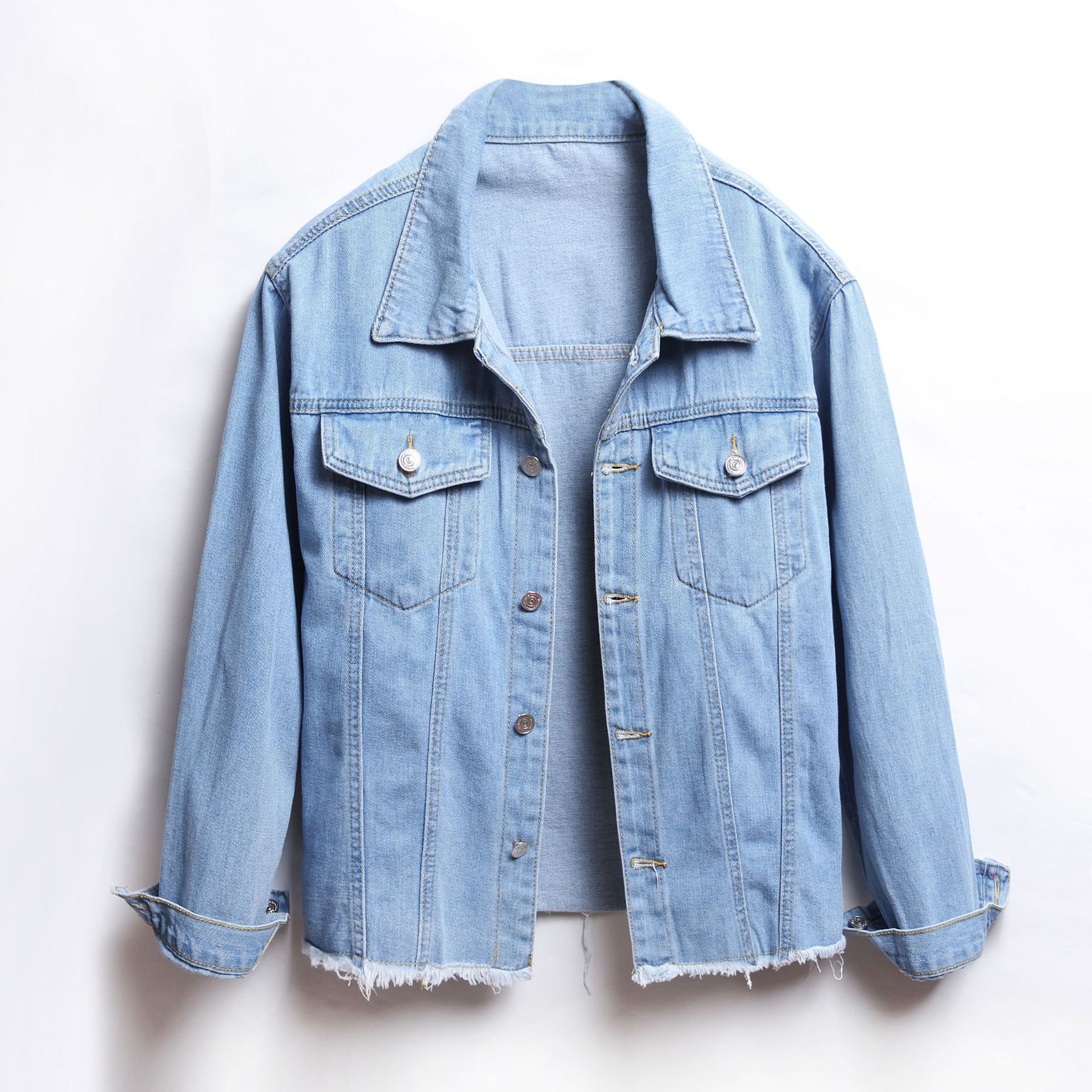 CNLONGBIDA Womens Jackets European and American denim jacket womens solid color loose jacket perforated long sleeved womens denim shirt 6666