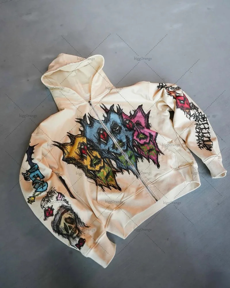 European and American Fashion Retro Street Clothing Personality Skull Animation Printed Hoodie Loose Oversized Zipper Sweatshirt 250317